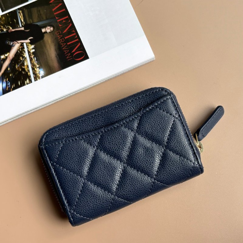 ::CHANEL::海軍藍色菱格荔枝紋牛皮淡金色雙C拉鍊零錢包-1