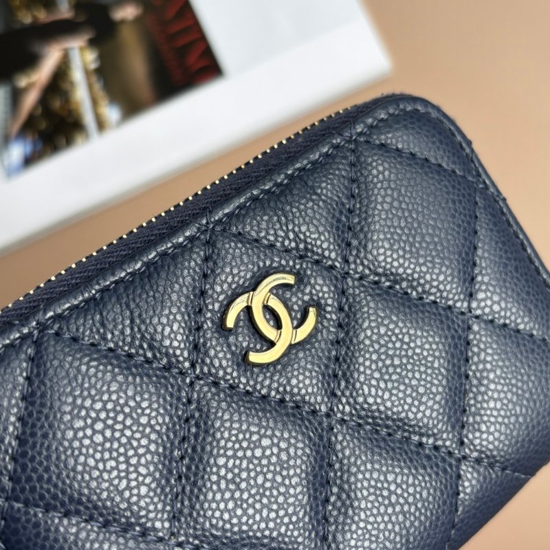 ::CHANEL::海軍藍色菱格荔枝紋牛皮淡金色雙C拉鍊零錢包-2