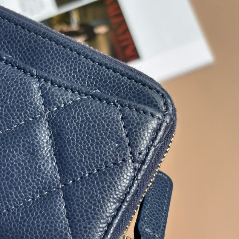 ::CHANEL::海軍藍色菱格荔枝紋牛皮淡金色雙C拉鍊零錢包-7