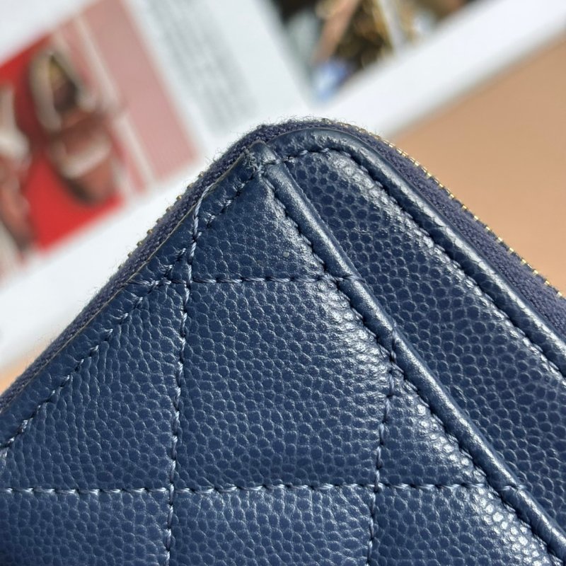::CHANEL::海軍藍色菱格荔枝紋牛皮淡金色雙C拉鍊零錢包-19