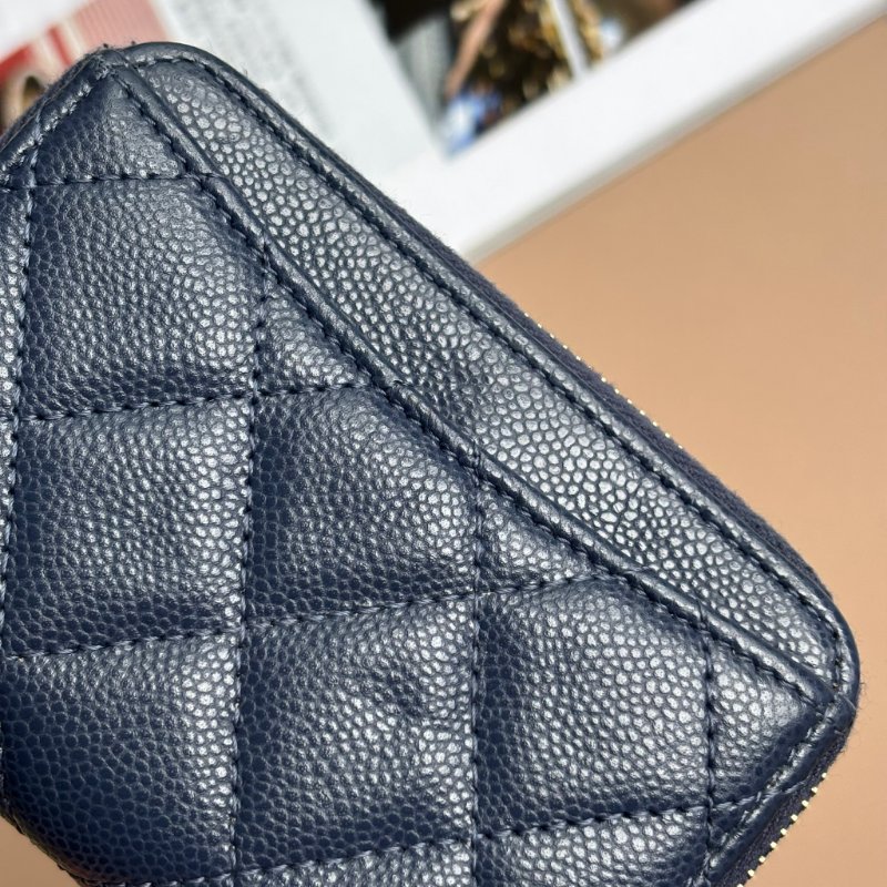 ::CHANEL::海軍藍色菱格荔枝紋牛皮淡金色雙C拉鍊零錢包-20