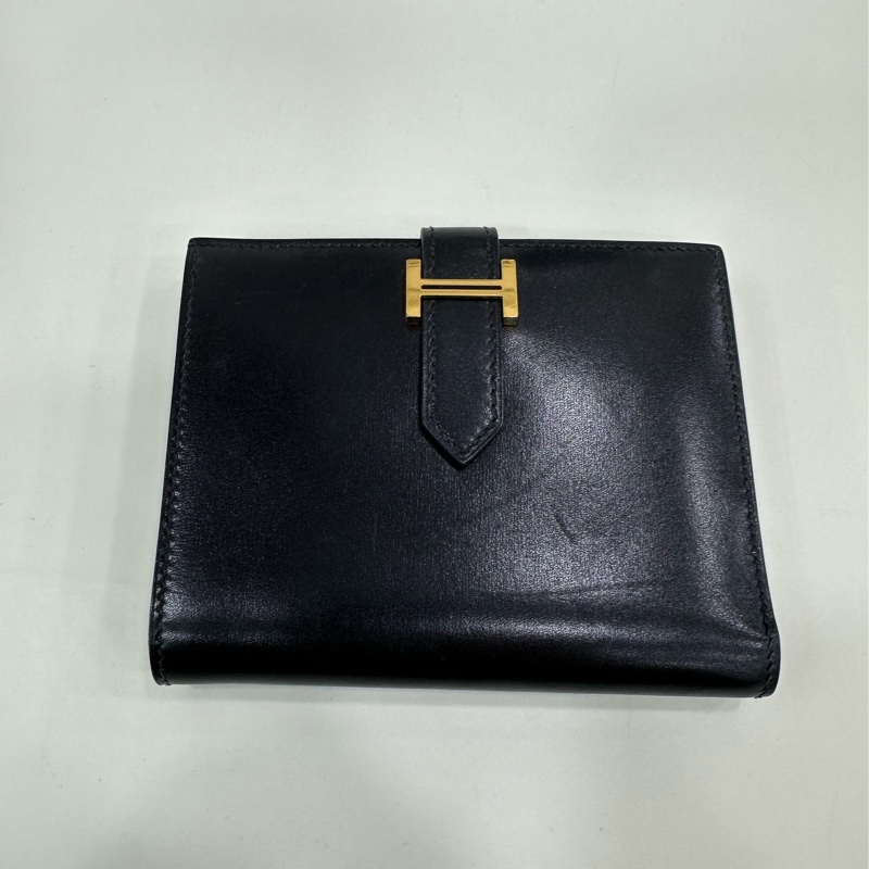 hermes 愛馬仕 bearn 短版皮夾 黑金 box皮 D刻-1