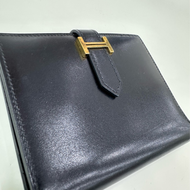 hermes 愛馬仕 bearn 短版皮夾 黑金 box皮 D刻-7