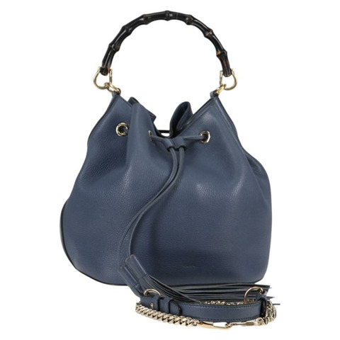 GUCCI 竹節手提包 皮革 2 向 藍色 金色 387613 正品 125734