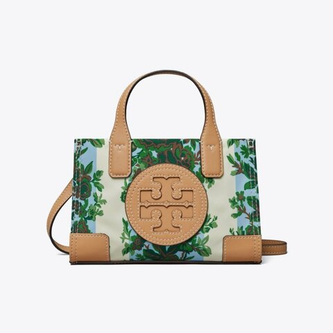 TORY BURCH 經典雙T LOGO 復古花卉圖騰帆布手提包/斜背包