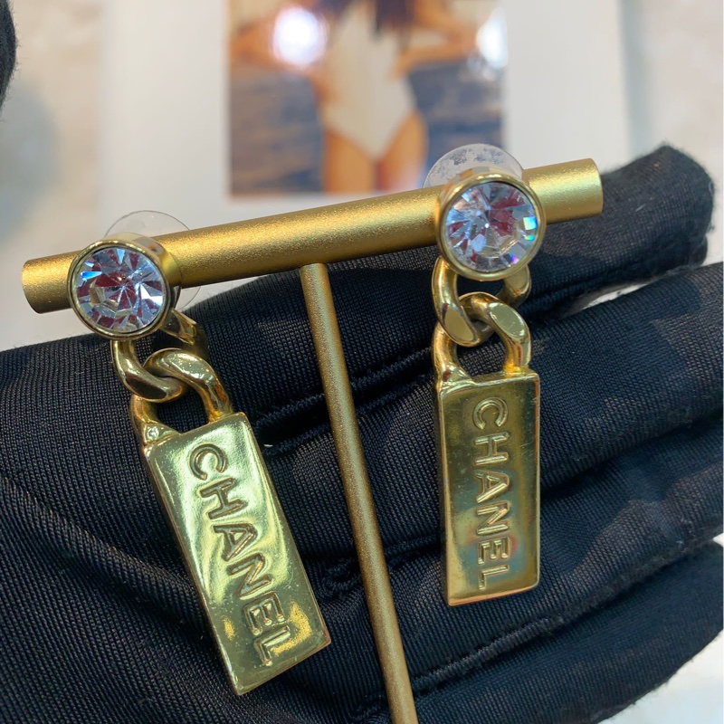 Chanel 香奈兒金色中古水鑽拉鍊耳環 XB401-3
