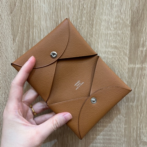 Hermes 金棕銀釦Epsom皮Calvi零錢卡包