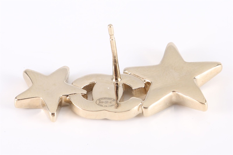 CHANEL(香奈兒) 23C 雙Clogo 雙星星 水鑽 耳釘 金色 合金-5