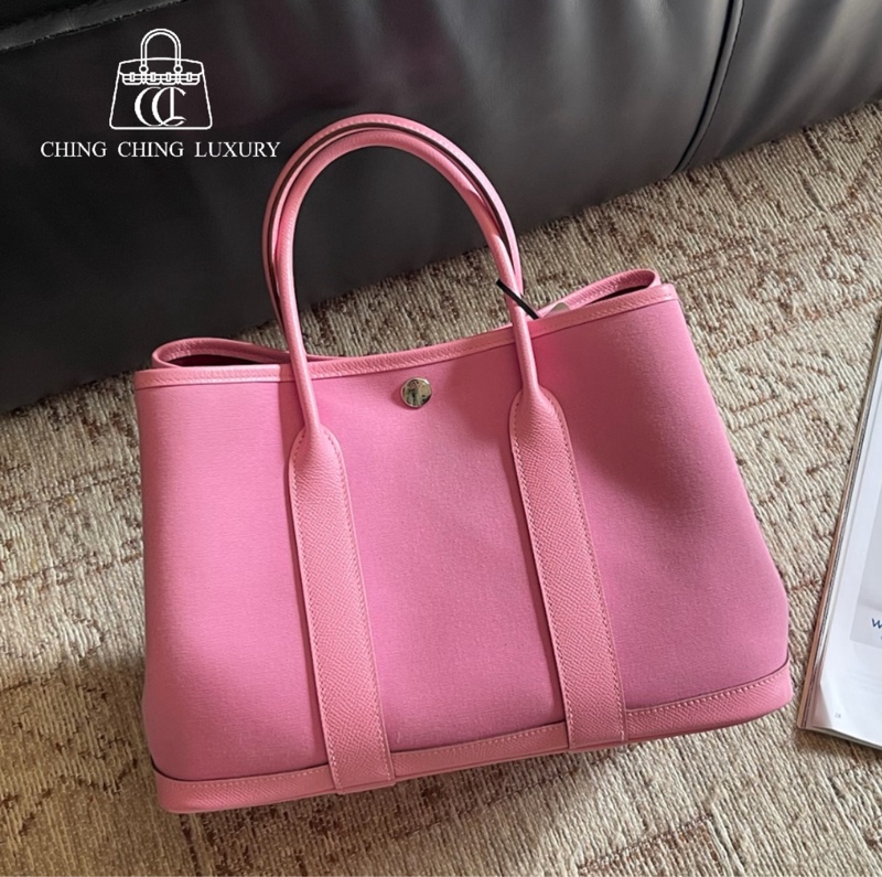 🌈Hermes🌸Garden Party 30🌸櫻花粉帆布拼皮💗99.8新🌟內拼寶石紅🌟花園包🌟-0