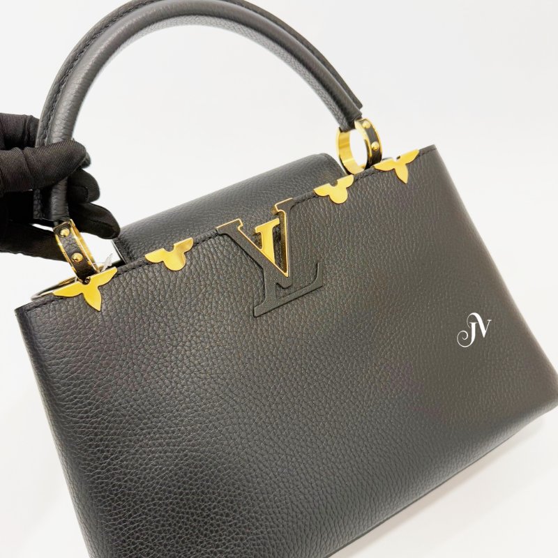 LV Capucines MM 黑牛皮金屬花朵裝飾手提肩背包 M54663-6