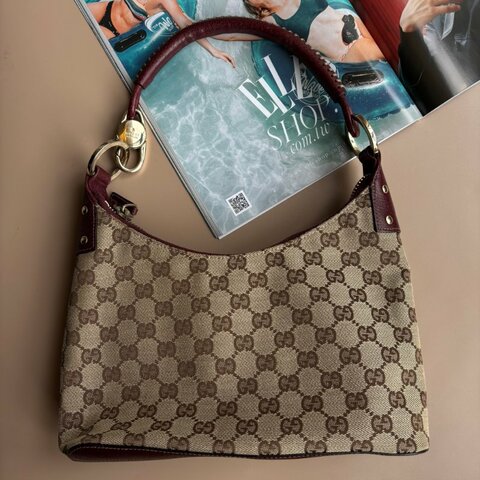 ::GUCCI:: 酒紅色皮革 拼接緹花布肩背包 腋下包 牛角包 115002213317