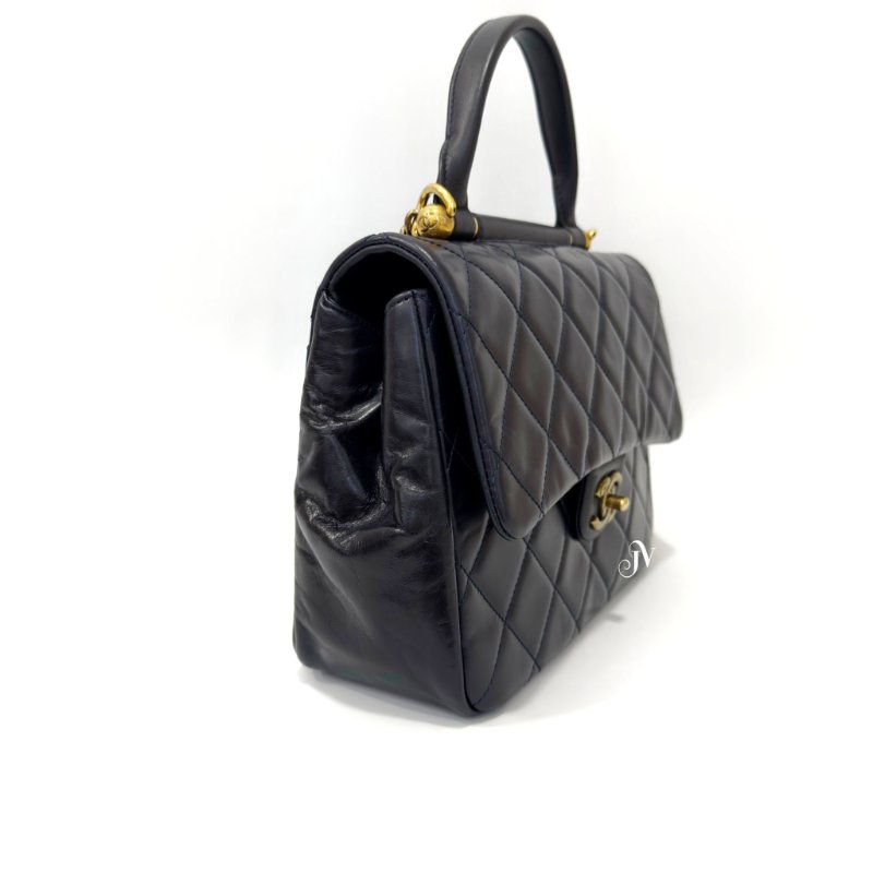 CHANEL 海軍藍牛皮古銅金釦口蓋手提肩背包-1