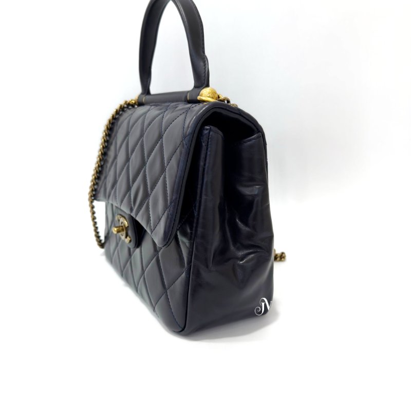 CHANEL 海軍藍牛皮古銅金釦口蓋手提肩背包-2