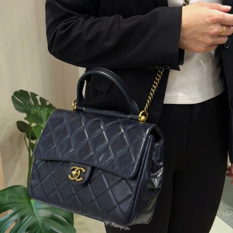 CHANEL 海軍藍牛皮古銅金釦口蓋手提肩背包