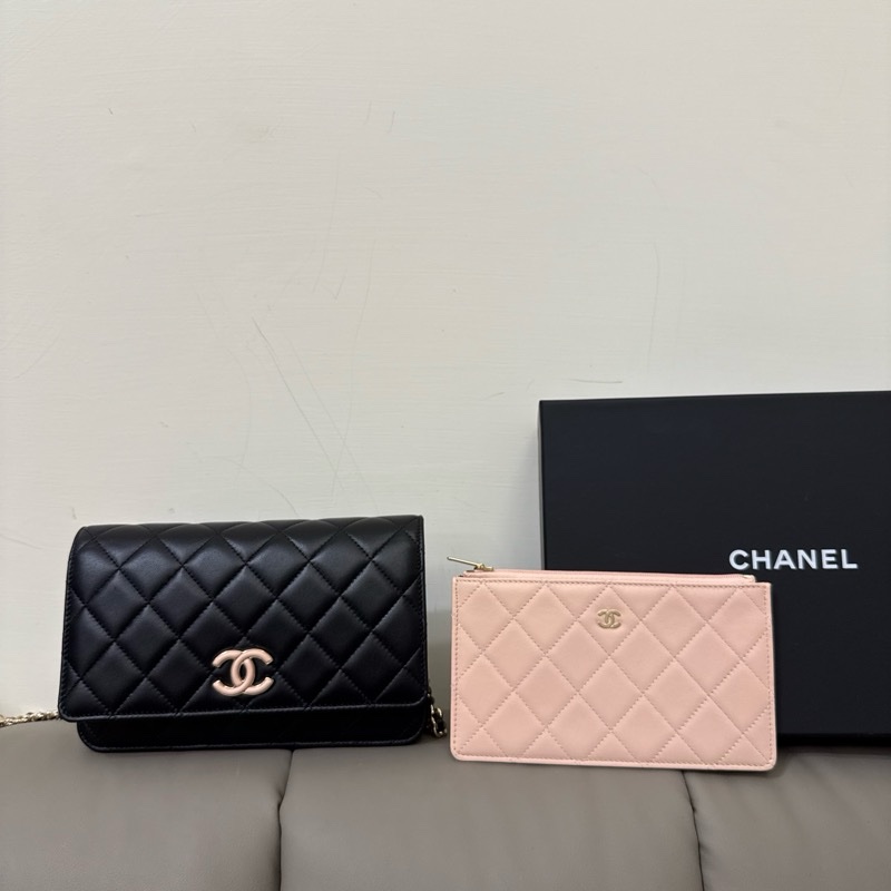 CHANEL 小羊皮 WOC 粉/黑 附零錢包❤️-2