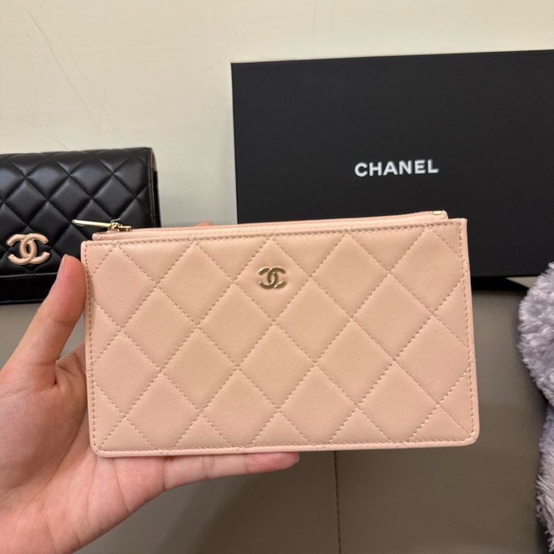 CHANEL 小羊皮 WOC 粉/黑 附零錢包❤️-3