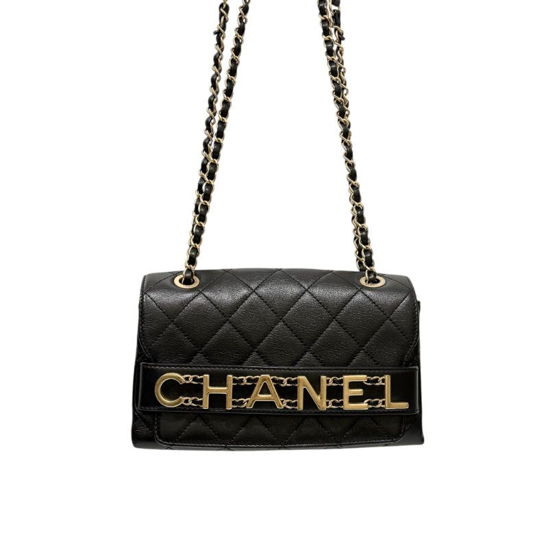 CHANEL - 黑金牛皮字母側背包-0