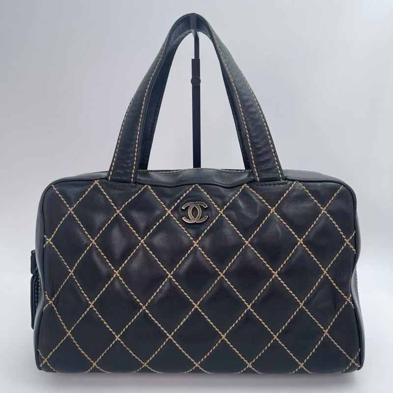 「JL精品代購」香奈兒黑色牛皮外縫線波士頓手提包大號托特包 做舊五金-0