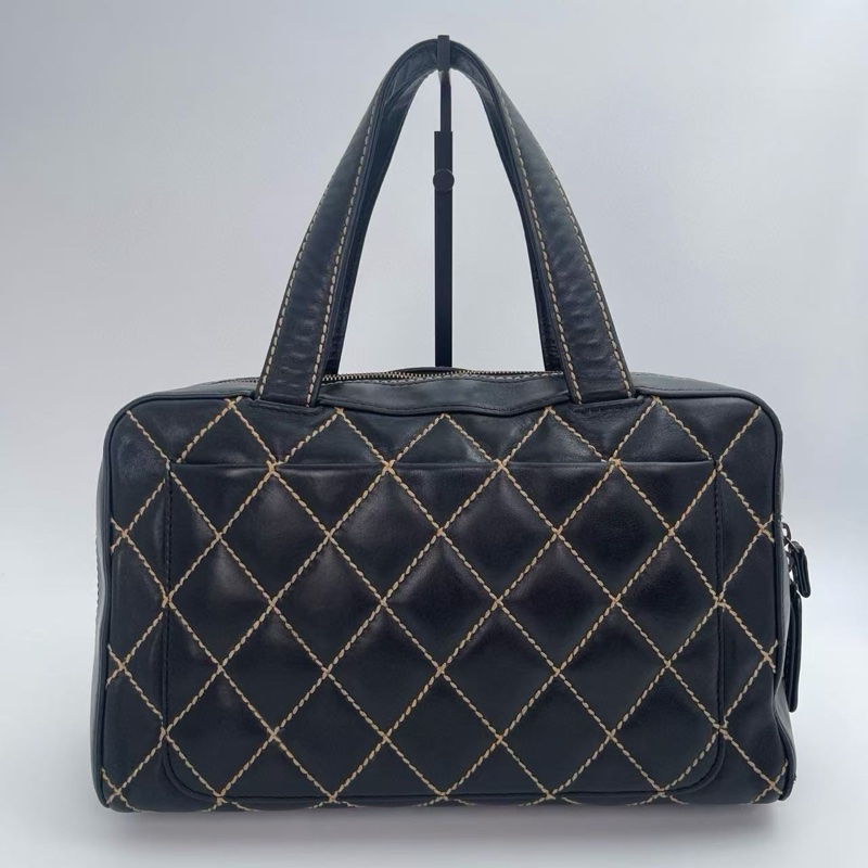 「JL精品代購」香奈兒黑色牛皮外縫線波士頓手提包大號托特包 做舊五金-1