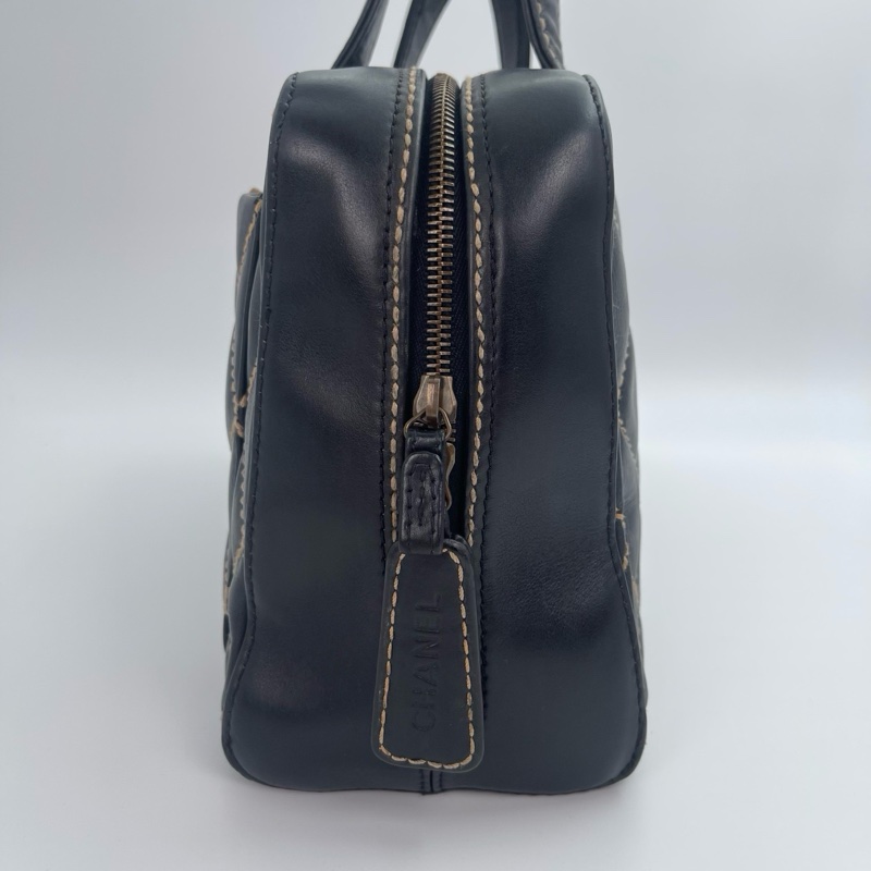 「JL精品代購」香奈兒黑色牛皮外縫線波士頓手提包大號托特包 做舊五金-3