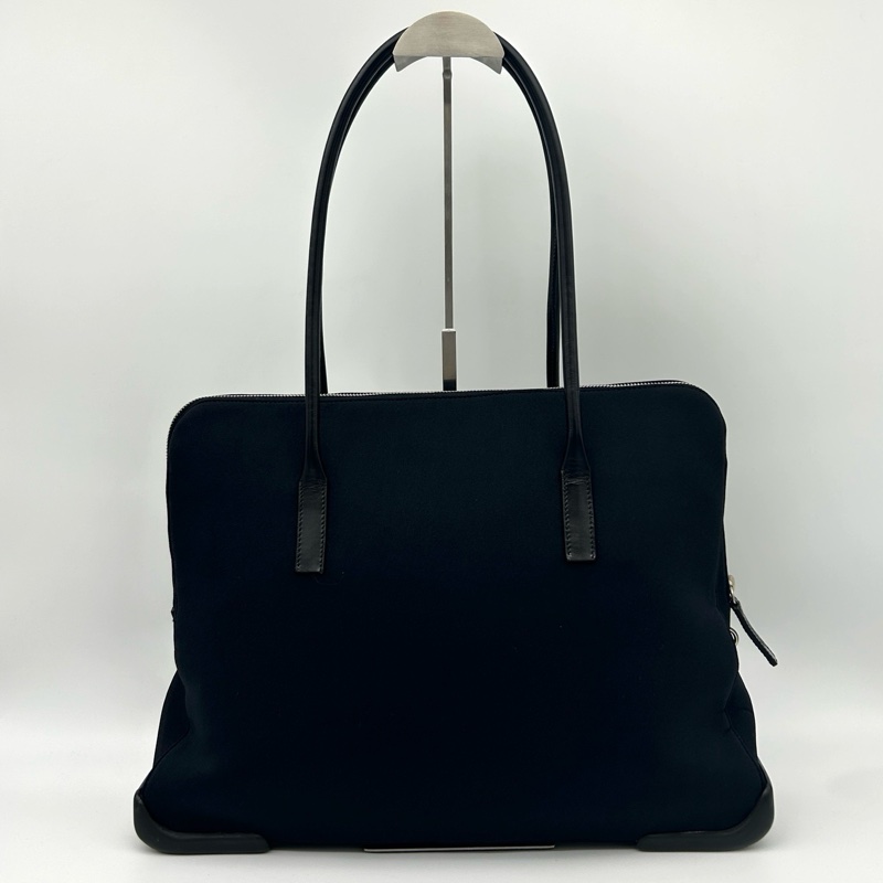 「JL精品代購」9新 Prada棉拼皮黑銀大托特包-2