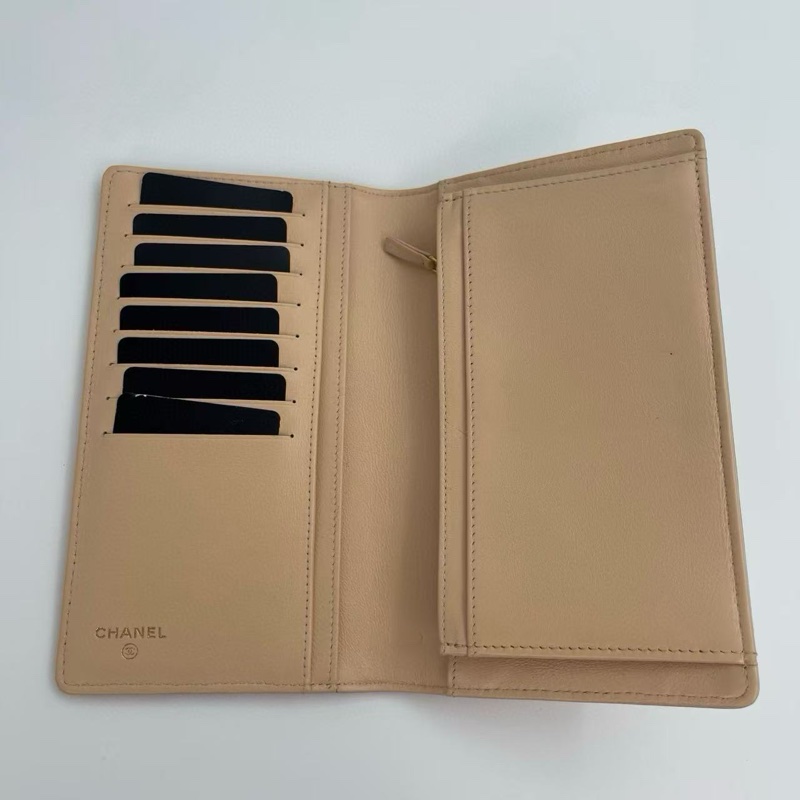 「JL精品代購」香奈兒奶茶色牛皮外縫雙c二折長夾-3