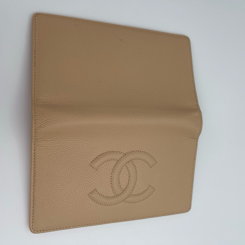 「JL精品代購」香奈兒奶茶色牛皮外縫雙c二折長夾-4