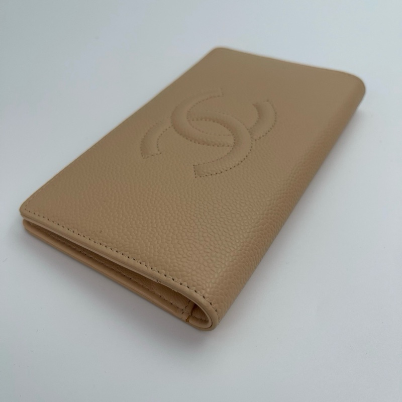 「JL精品代購」香奈兒奶茶色牛皮外縫雙c二折長夾-7