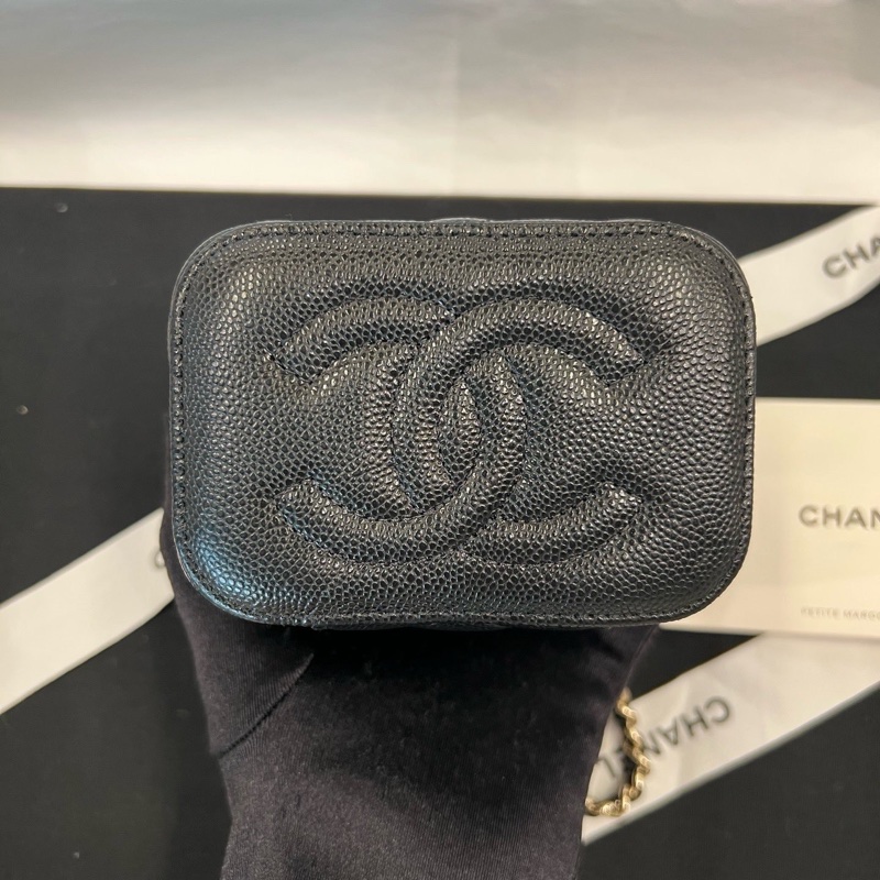 香奈兒 Chanel 24s 小盒子 黑色 金扣 荔枝牛皮 化妝包 鏡子包-4