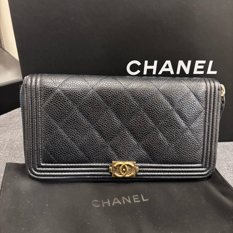 Chanel黑金荔枝牛皮菱格紋長夾錢包👛