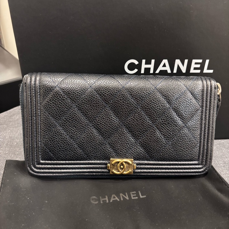 Chanel黑金荔枝牛皮菱格紋長夾錢包👛-0