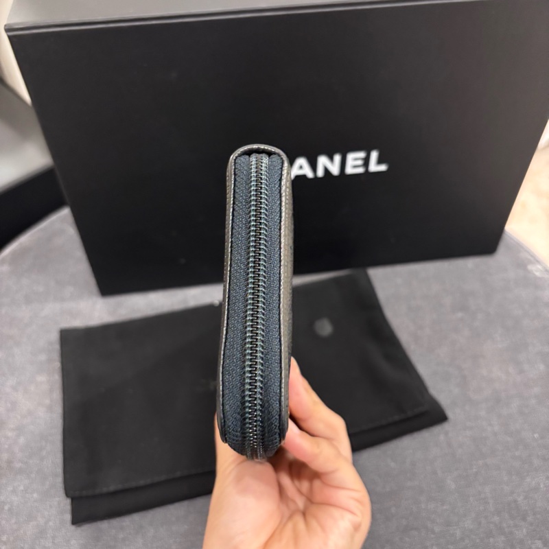 Chanel黑金荔枝牛皮菱格紋長夾錢包👛-3