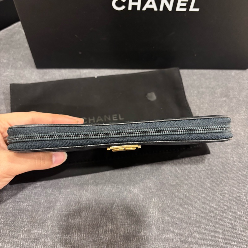 Chanel黑金荔枝牛皮菱格紋長夾錢包👛-4