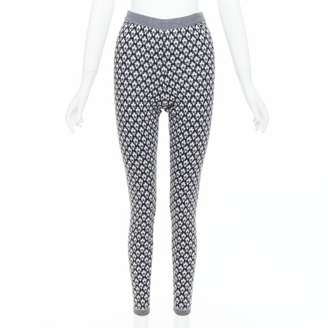 CHANEL 100% cashmere grey CC logo pearl button pattern stretch knit pants FR38 M