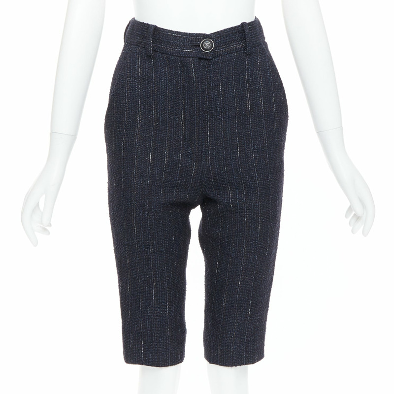 CHANEL navy metallic tweed CC button knee capri pants FR34 XS-0