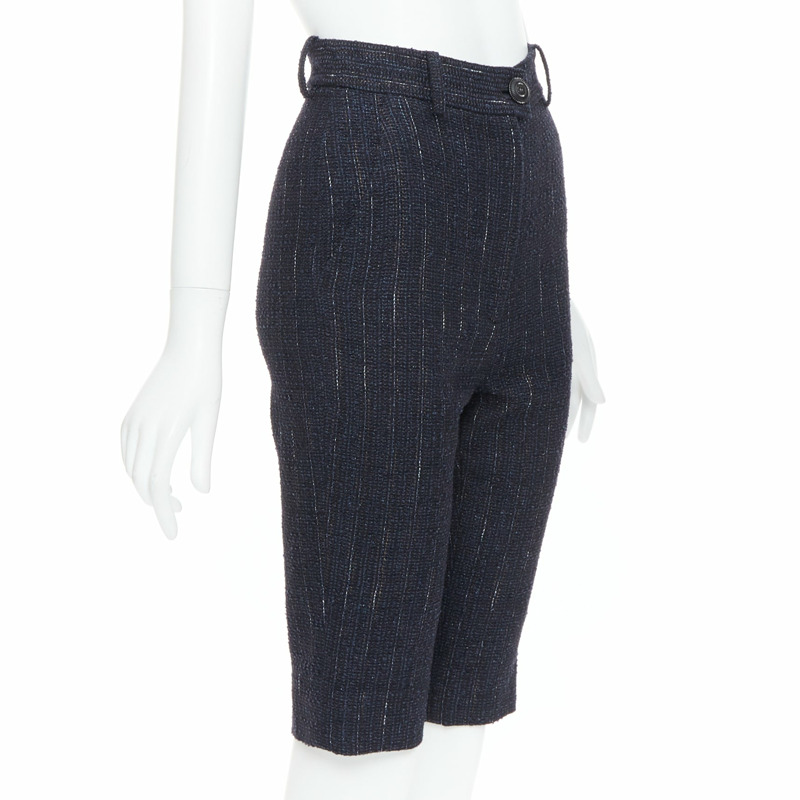 CHANEL navy metallic tweed CC button knee capri pants FR34 XS-2
