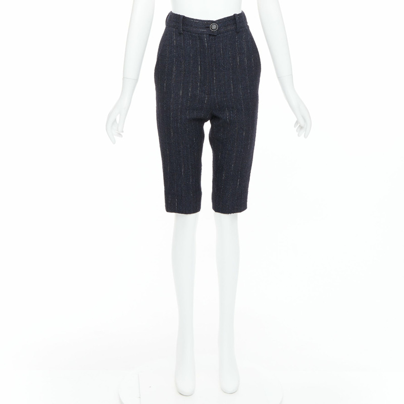 CHANEL navy metallic tweed CC button knee capri pants FR34 XS-8