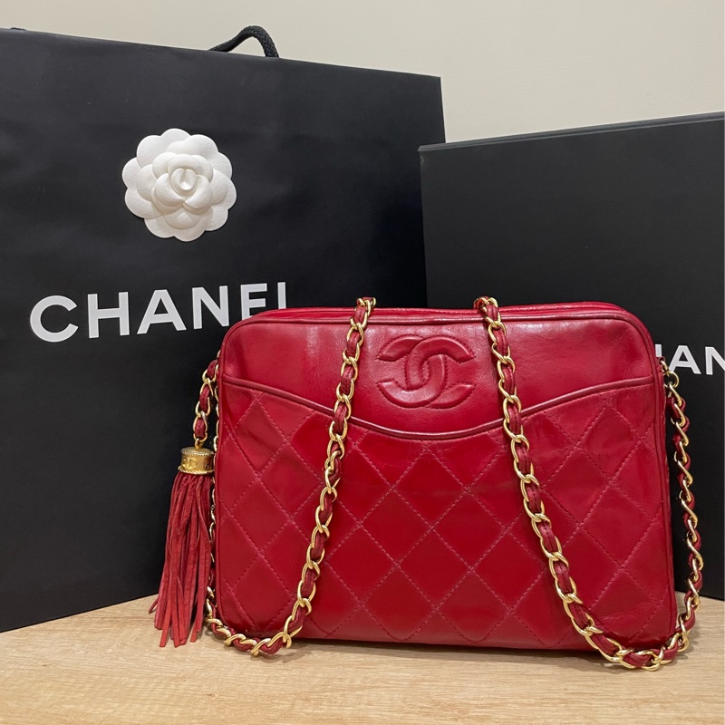 搬家出清🉐Chanel Vintage 喜氣紅羊皮金球流蘇相機包-0