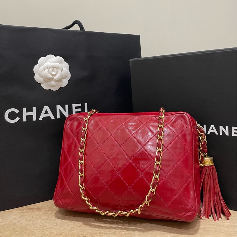 搬家出清🉐Chanel Vintage 喜氣紅羊皮金球流蘇相機包-1