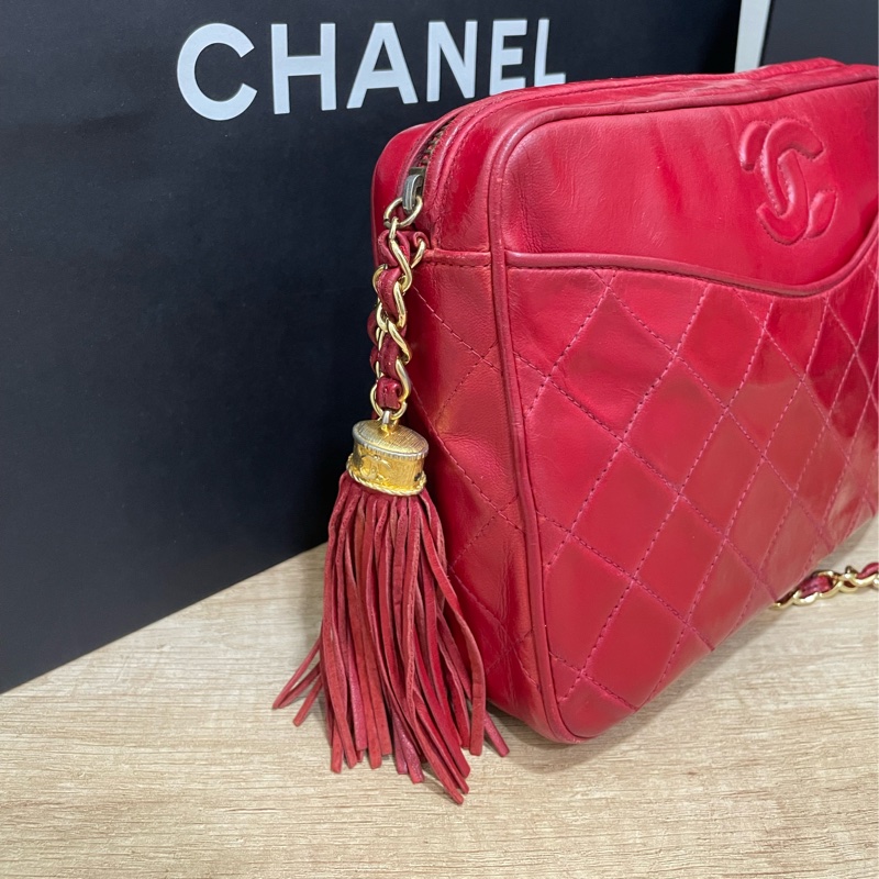 搬家出清🉐Chanel Vintage 喜氣紅羊皮金球流蘇相機包-2
