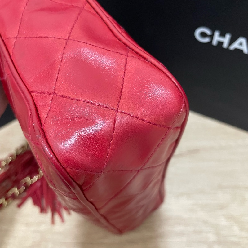 搬家出清🉐Chanel Vintage 喜氣紅羊皮金球流蘇相機包-7