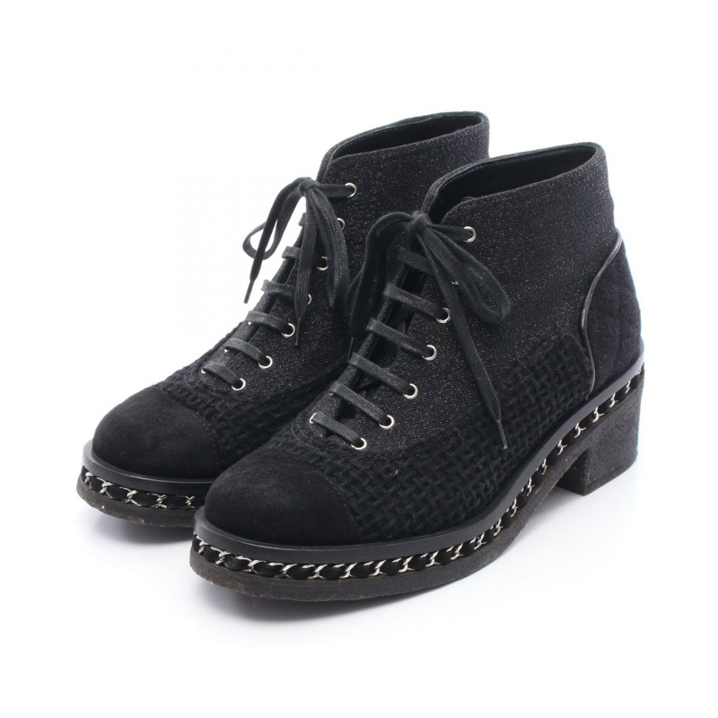 香奈兒 (CHANEL) 絎縫短靴,絨面羊毛布料,黑色,二手女鞋 #38-0