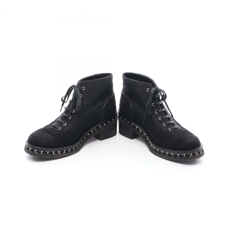 香奈兒 (CHANEL) 絎縫短靴,絨面羊毛布料,黑色,二手女鞋 #38-2