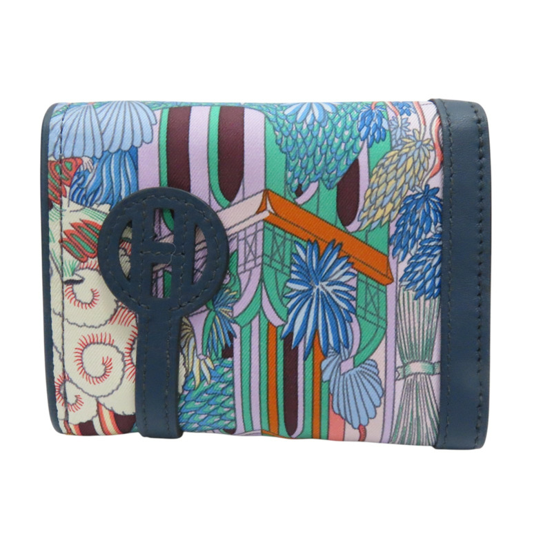 藍色牛皮飾邊 絲巾布面 Avecsoie零錢包 W刻-1