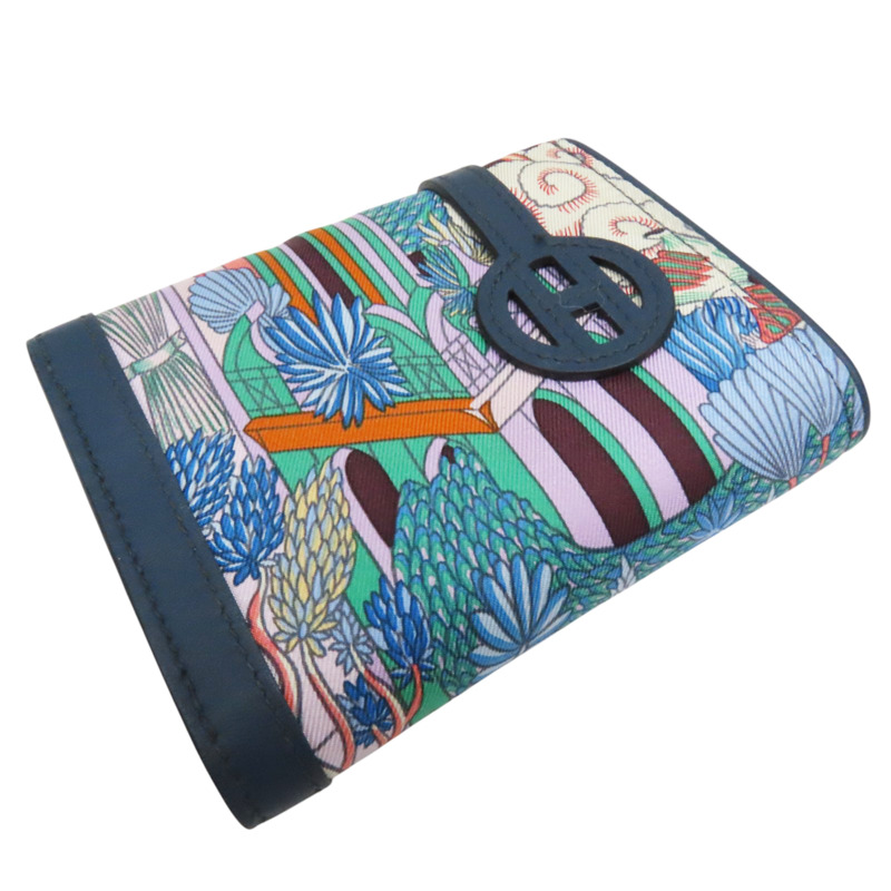 藍色牛皮飾邊 絲巾布面 Avecsoie零錢包 W刻-3