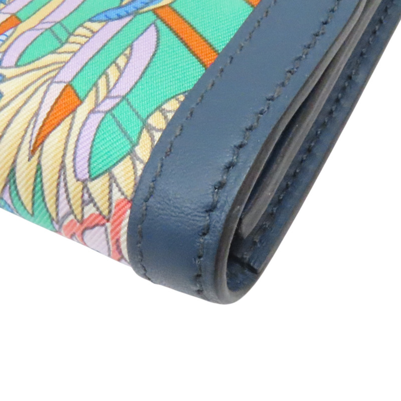 藍色牛皮飾邊 絲巾布面 Avecsoie零錢包 W刻-8
