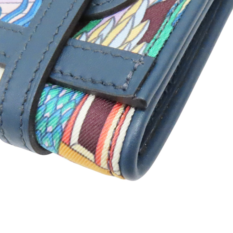 藍色牛皮飾邊 絲巾布面 Avecsoie零錢包 W刻-10