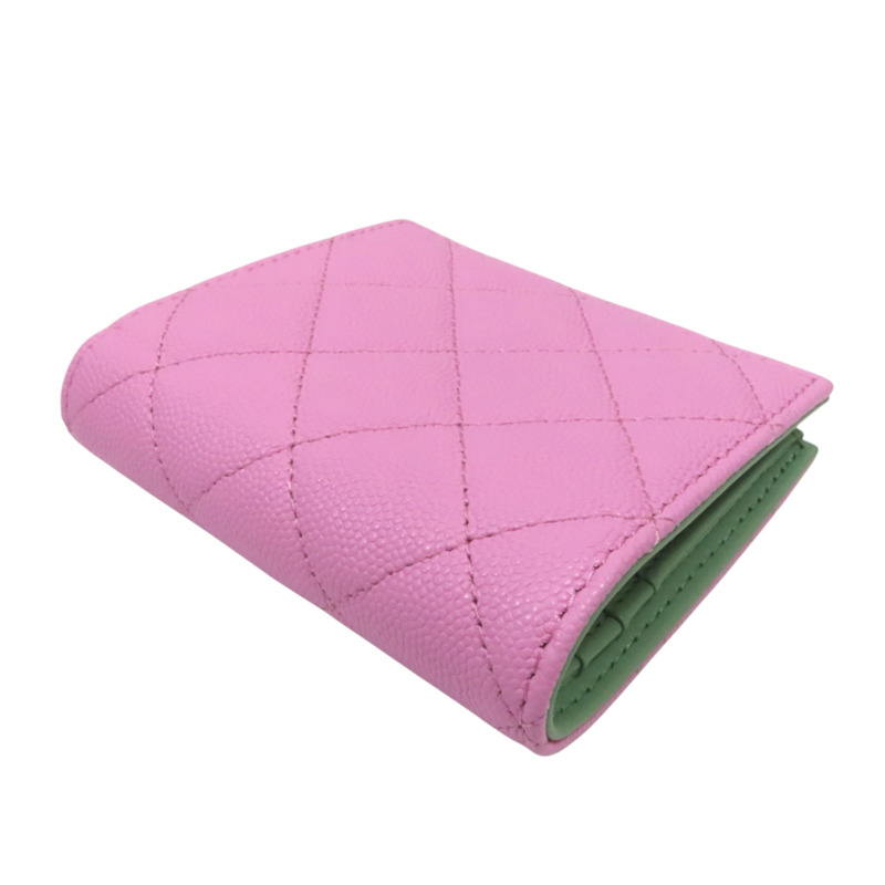 粉色荔枝紋 綠色 牛皮 二折短夾 AP3185-3