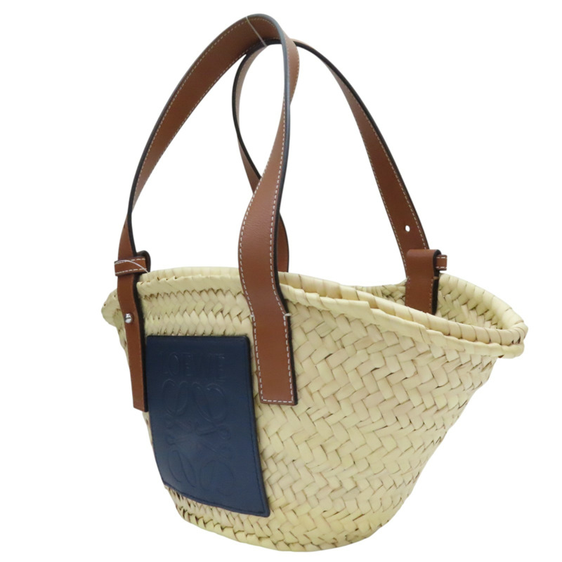 米色 棕櫚葉編織 棕/藍色牛皮 Basket 手提包 #262121-2