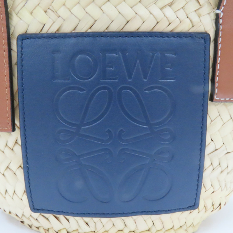 米色 棕櫚葉編織 棕/藍色牛皮 Basket 手提包 #262121-5